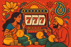 A dynamic illustration of VG Game players using strategies to win slots, with cash and Indian gaming elements, vibrant design