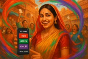 A beginner player enjoying VG Game's color prediction game with a supportive community in a vibrant Indian market setting.