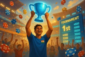 VG Game tournament champion raising a trophy in victory