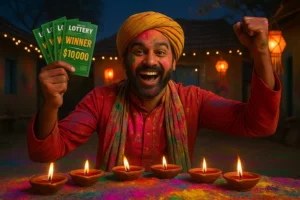 VG Game player celebrating with Diwali lamps and winnings