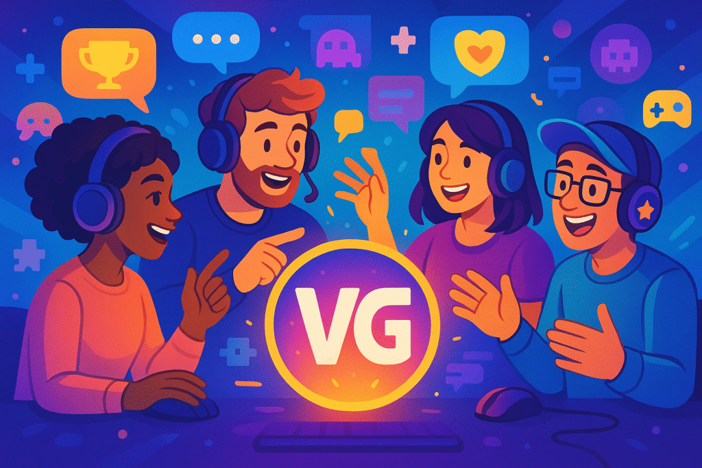 Diverse gamers in vibrant VG Game community setting